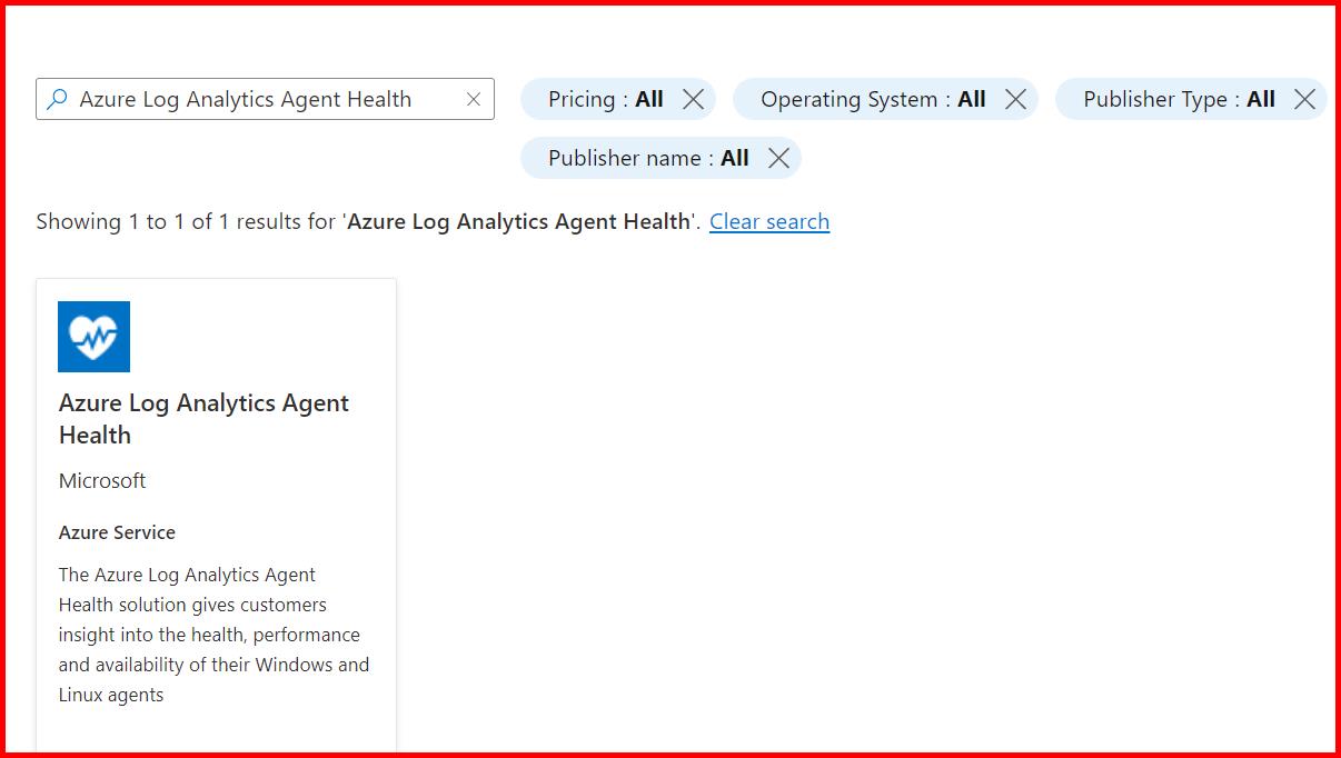 Picture showing searching the Azure Log Analytics Agent Health solution from log analytics workspace